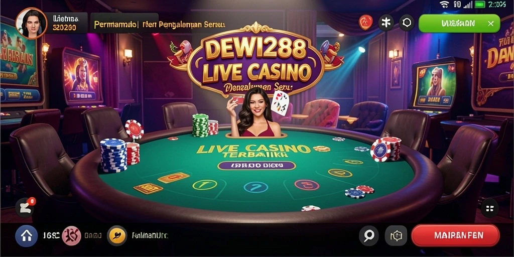 Tampilan gameplay DEWI288 menunjukkan dealer langsung dan suasana kasino yang nyata.