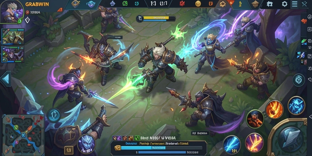 Tampilan pertarungan epik di arena <strong>GRABWIN</strong> saat tim bertarung untuk kemenangan.