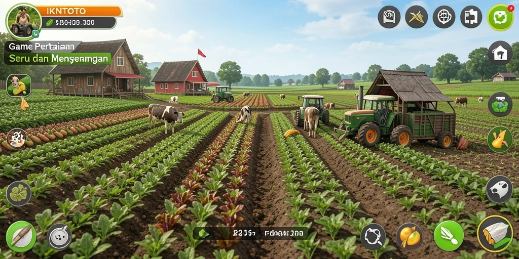Tangkapan layar menampilkan gameplay IKNTOTO dengan ladang subur dan hewan ternak.