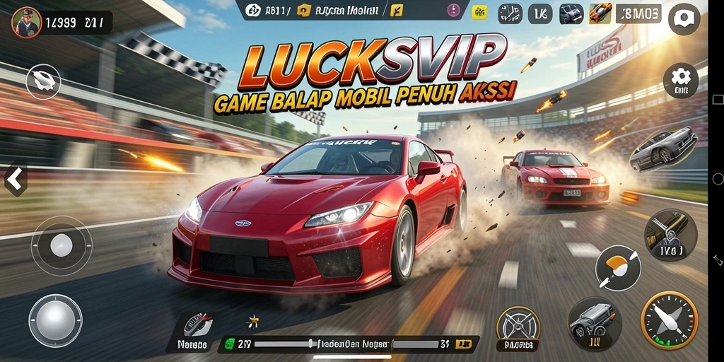 Tampilan gameplay seru LUCKSVIP dengan mobil balap yang melaju kencang.
