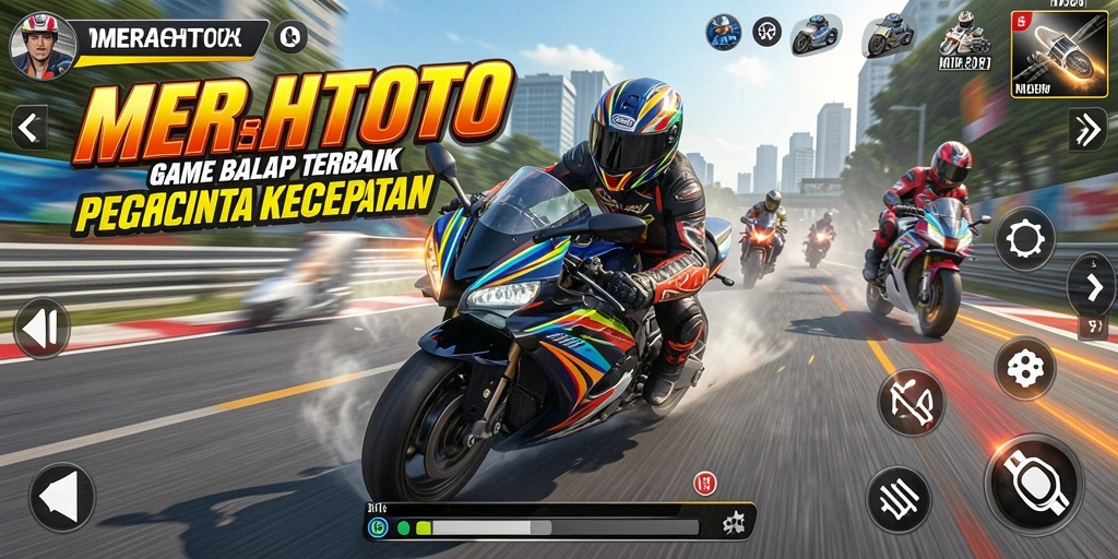 Screenshot gameplay <strong>MERAHTOTO</strong> menunjukkan aksi balap motor yang mendebarkan di berbagai trek.