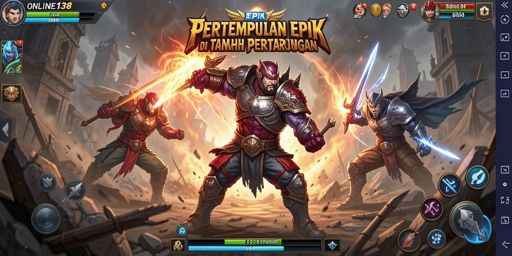 Screenshot utama ONLINE138 menampilkan aksi intens dalam pertempuran Battle Royale.